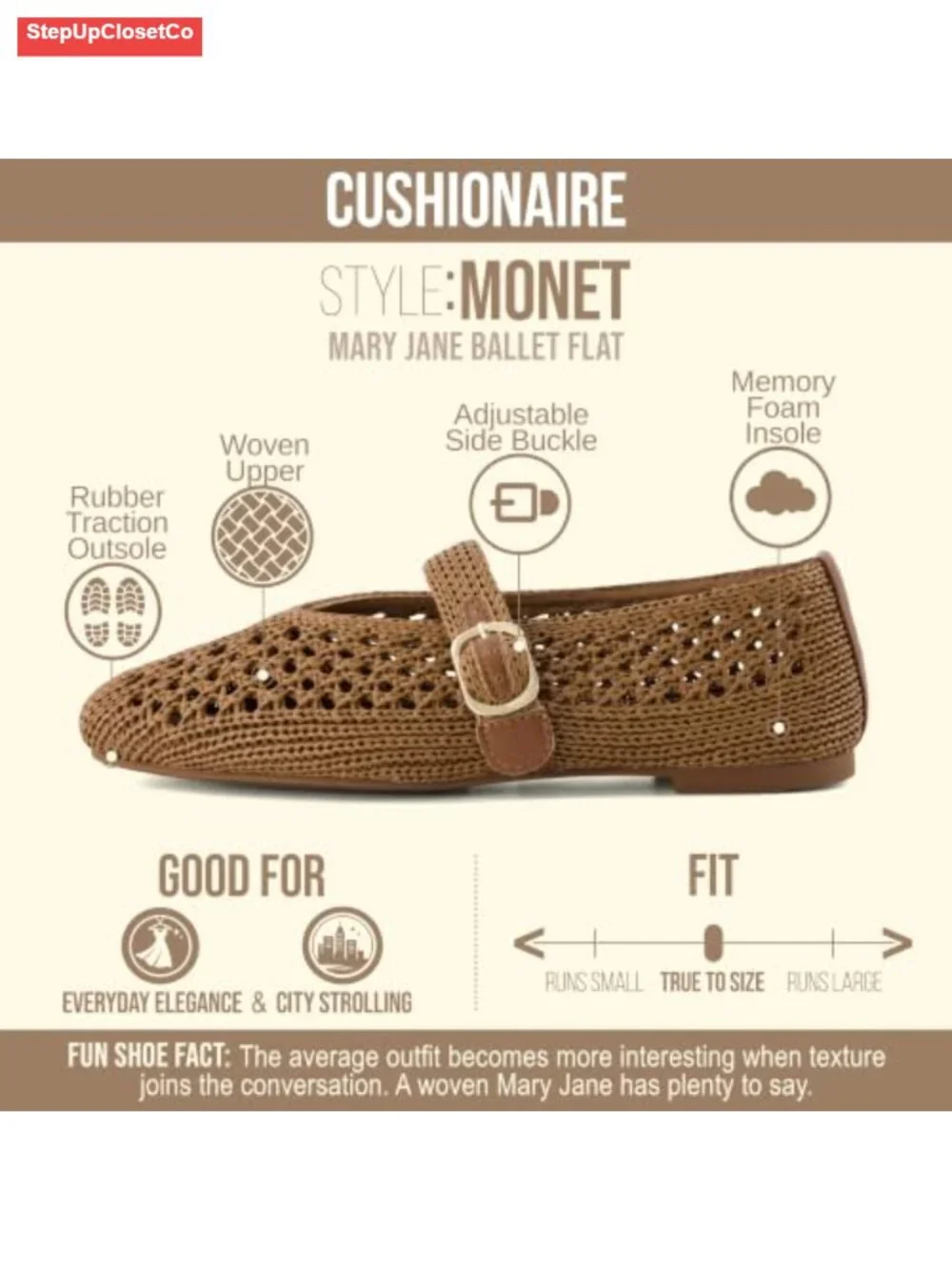 Woven Mary Jane Ballet Flats for Women Adjustable Gold-Tone Buckle Memory Foam